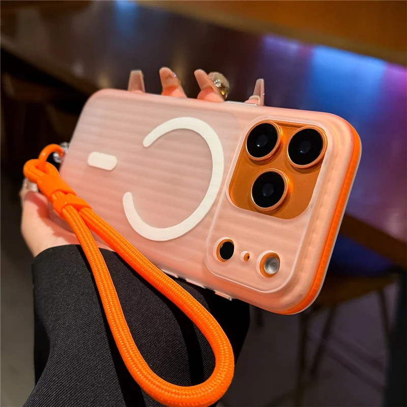 For iPhone 17 Pro Max Case Compatible with MagSafe Corrugated Texture TPU PC Phone Cover with Adjustable Wrist Strap - Orange