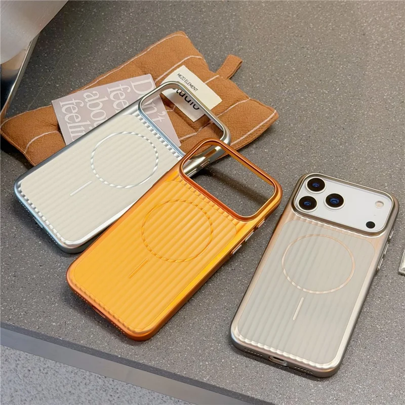 Coque pour iPhone 17 Pro compatible MagSafe, texture ondulée, revêtement électrolytique en PC - Argent