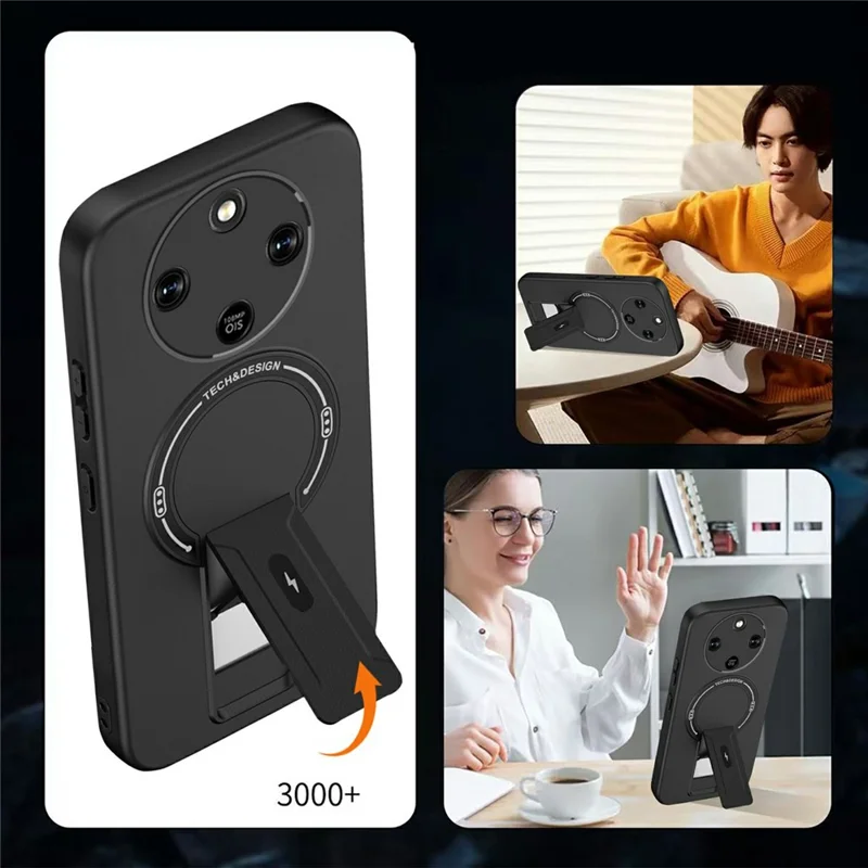 Coque avec support intégré effet peau pour Honor X9d 5G / X70 5G, coque pour téléphone en PC + TPU, support montage magnétique pour voiture - Noir