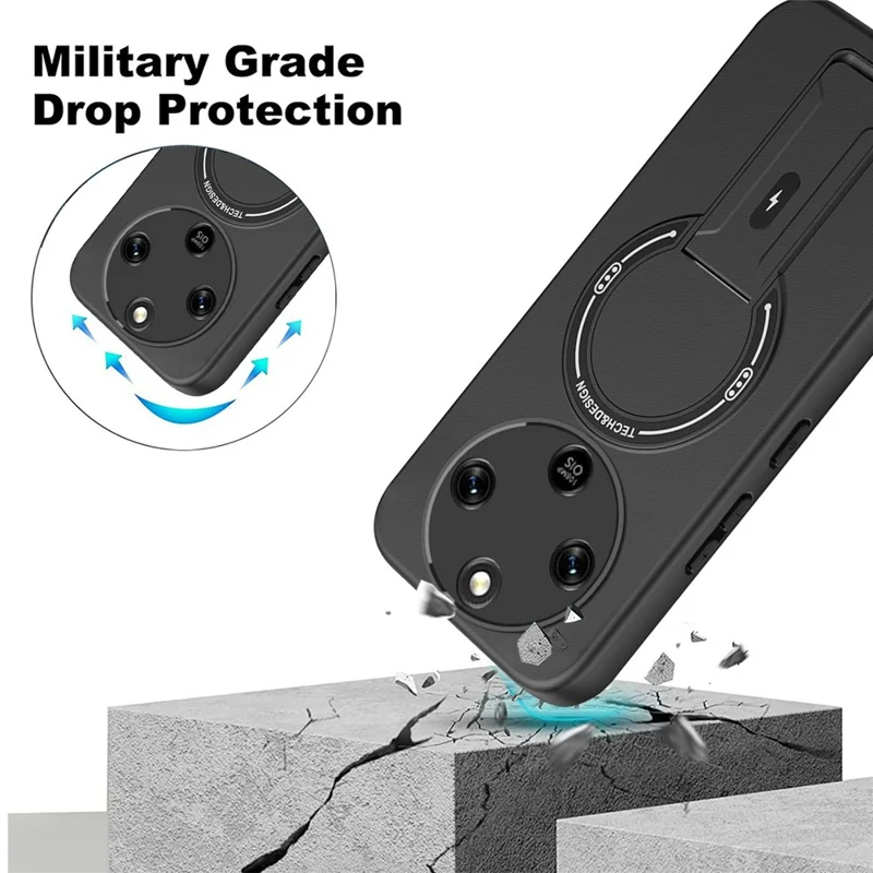 Coque avec support intégré effet peau pour Honor X9d 5G / X70 5G, coque pour téléphone en PC + TPU, support montage magnétique pour voiture - Noir