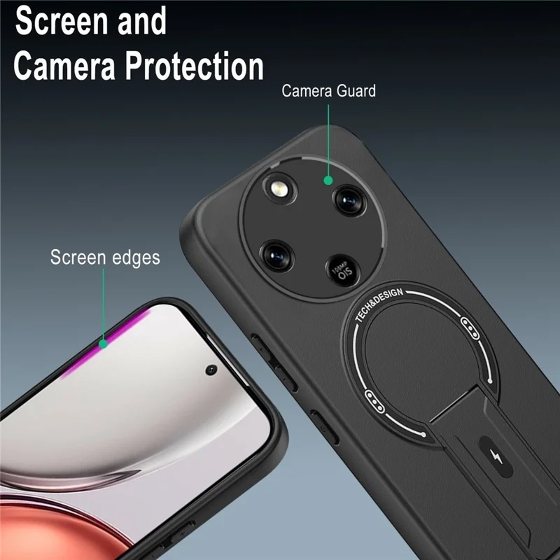 Coque avec support intégré effet peau pour Honor X9d 5G / X70 5G, coque pour téléphone en PC + TPU, support montage magnétique pour voiture - Noir