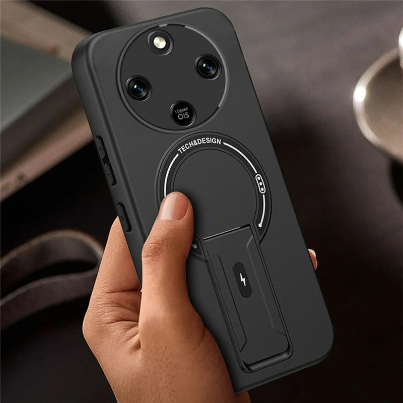 Coque avec support intégré effet peau pour Honor X9d 5G / X70 5G, coque pour téléphone en PC + TPU, support montage magnétique pour voiture - Noir