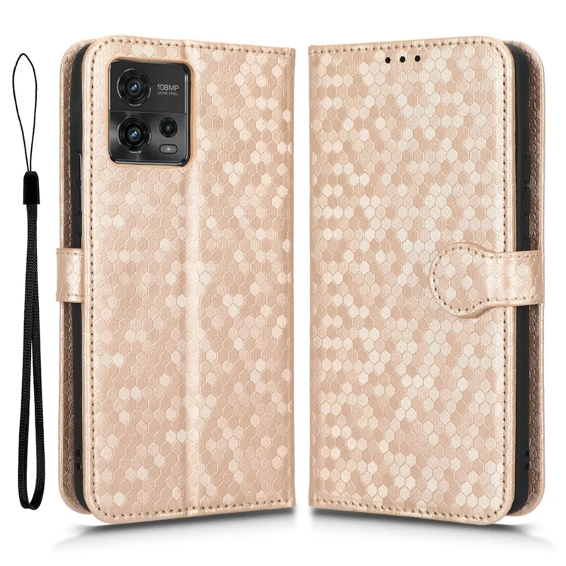 For Motorola Moto G72 4G PU Leather Stand Phone Case Dot Pattern Imprinted Folio Flip Anti-drop Wallet Cover with Strap - Rose Gold