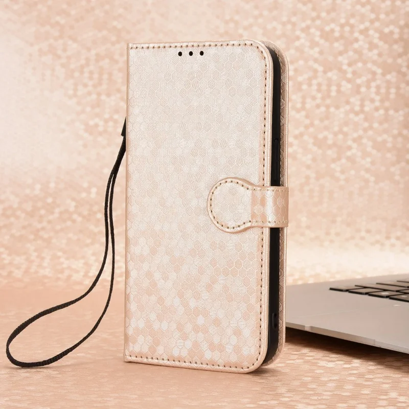For Motorola Moto G72 4G PU Leather Stand Phone Case Dot Pattern Imprinted Folio Flip Anti-drop Wallet Cover with Strap - Rose Gold