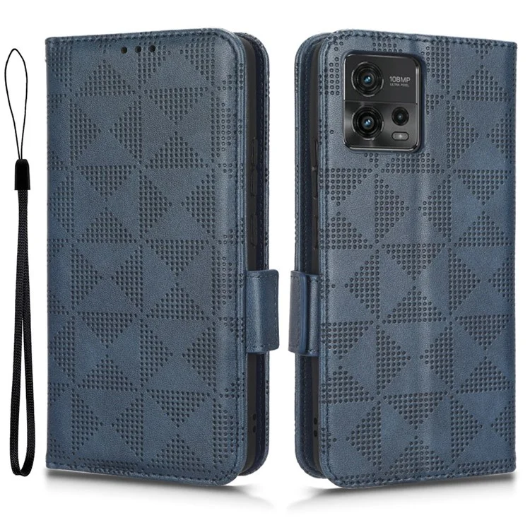Para Motorola Moto G72 4G Patrón de Triángulo Impreso pu pu Cuero de Cuero Estuche Cubierta de Teléfono Con Correa Para la Mano - Azul