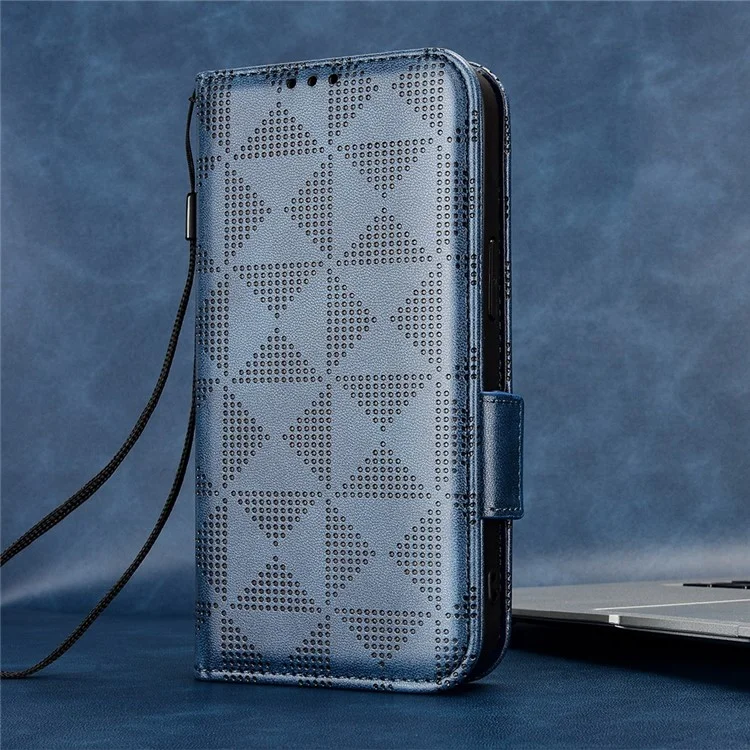 Para Motorola Moto G72 4G Patrón de Triángulo Impreso pu pu Cuero de Cuero Estuche Cubierta de Teléfono Con Correa Para la Mano - Azul
