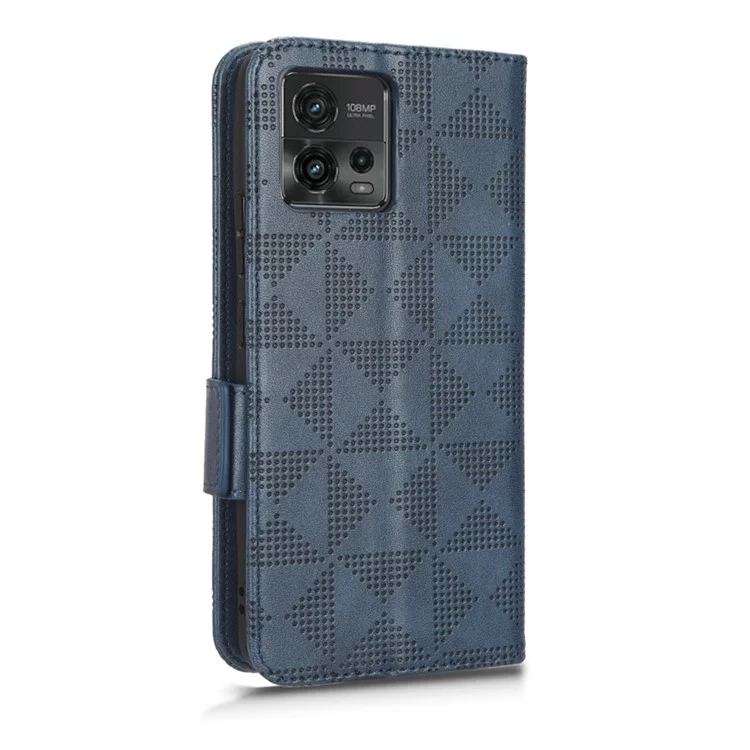 Para Motorola Moto G72 4G Patrón de Triángulo Impreso pu pu Cuero de Cuero Estuche Cubierta de Teléfono Con Correa Para la Mano - Azul