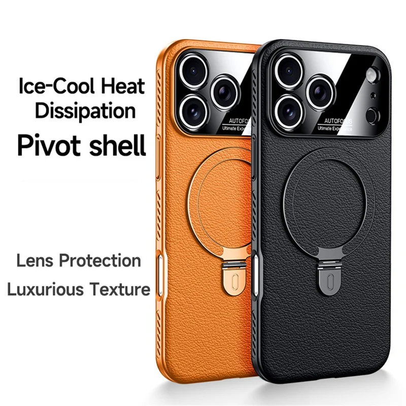 For iPhone 17 Pro Case Compatible with MagSafe Kickstand Electroplated PC PU Leather Cooling Phone Back Cover - Orange