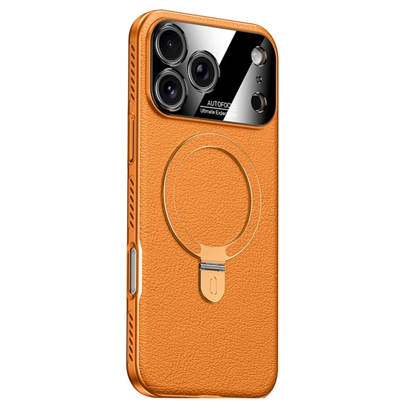 Coque pour iPhone 17 Pro Max Compatible avec MagSafe Support intégré Finition électrodéposée Coque arrière en cuir PU et PC avec système de refroidissement - Orange