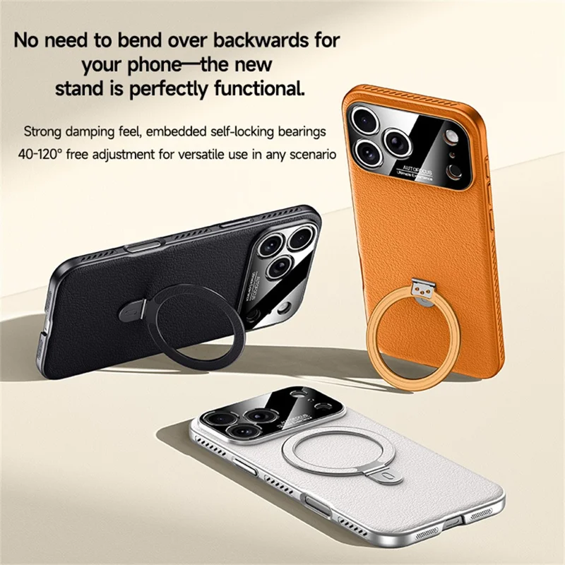 Coque pour iPhone 17 Pro Max Compatible avec MagSafe Support intégré Finition électrodéposée Coque arrière en cuir PU et PC avec système de refroidissement - Orange