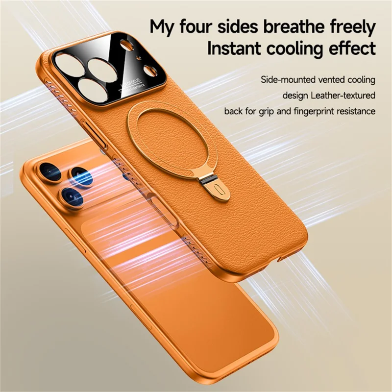 Coque pour iPhone 17 Pro Max Compatible avec MagSafe Support intégré Finition électrodéposée Coque arrière en cuir PU et PC avec système de refroidissement - Orange