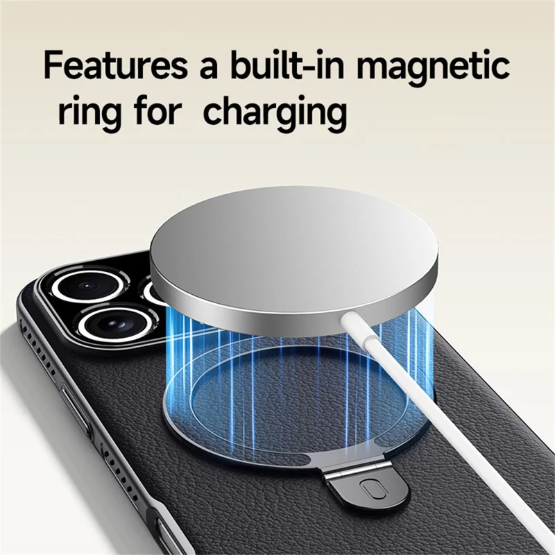 Coque pour iPhone 17 Pro Max Compatible avec MagSafe Support intégré Finition électrodéposée Coque arrière en cuir PU et PC avec système de refroidissement - Orange