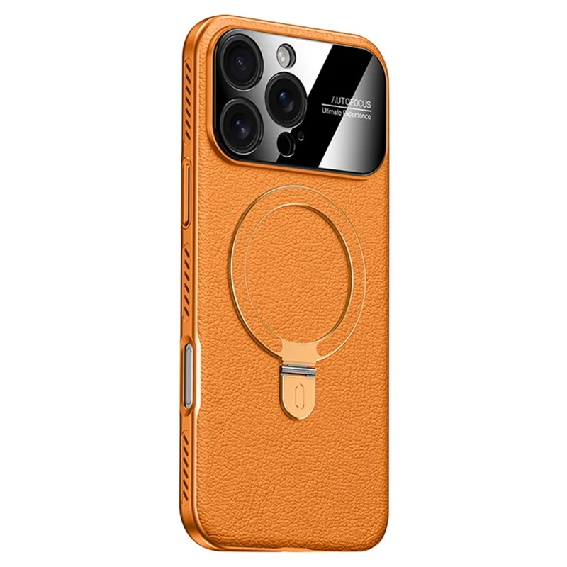 Capa para iPhone 16 Pro Max Compatível com MagSafe, com Suporte de Apoio, Revestimento Eletrolítico, PC + Pele PU, Capa Traseira de Arrefecimento - Laranja
