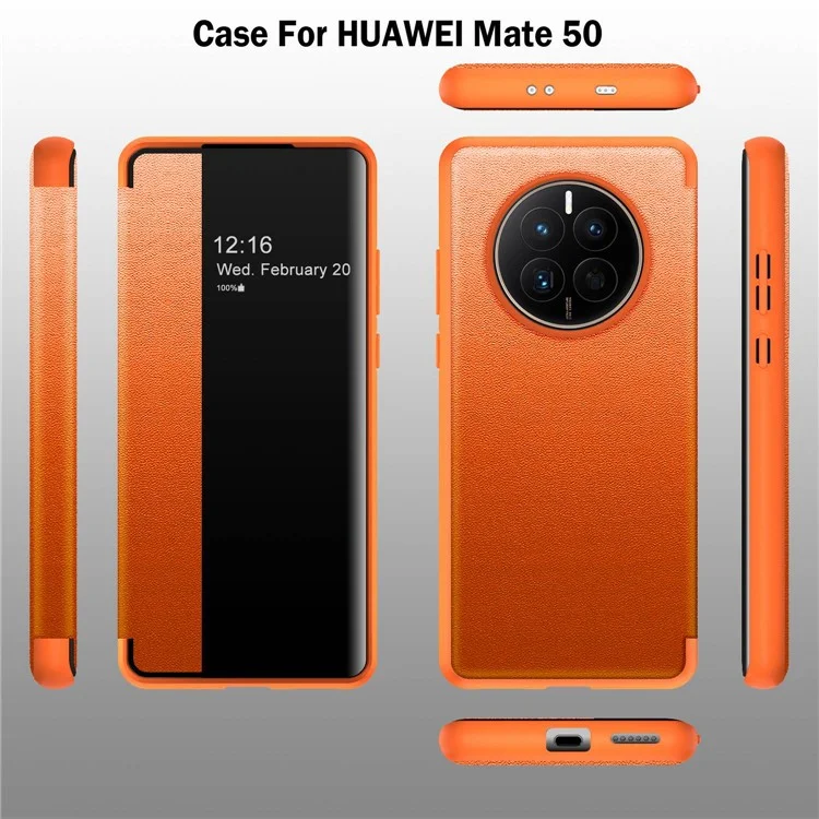 Для Huawei Mate 50 4G Просмотр Окно Дизайн Окно Автобупь и Перевернутая Крышка Кожи Pu+tpu+акриловый Защитный Чехол по Телефону - Синий