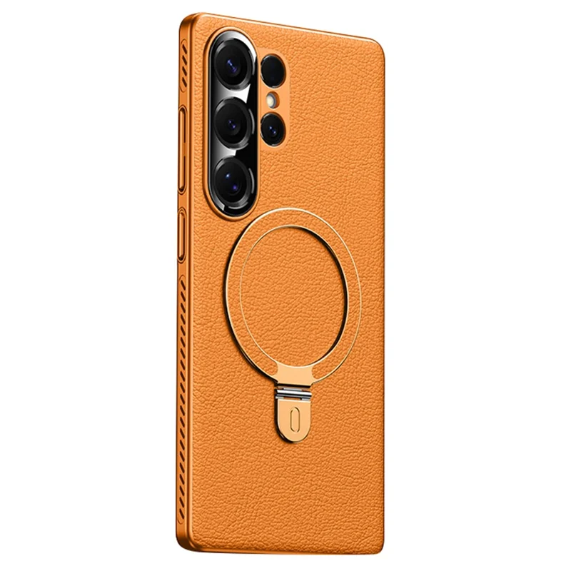 For Samsung Galaxy S24 Ultra Magnetic Case Kickstand Electroplated PC PU Leather Cooling Phone Back Cover - Orange
