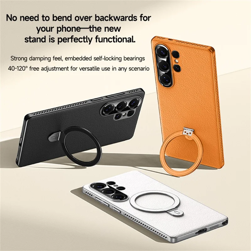 For Samsung Galaxy S24 Ultra Magnetic Case Kickstand Electroplated PC PU Leather Cooling Phone Back Cover - Orange