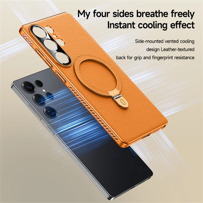 For Samsung Galaxy S24 Ultra Magnetic Case Kickstand Electroplated PC PU Leather Cooling Phone Back Cover - Orange