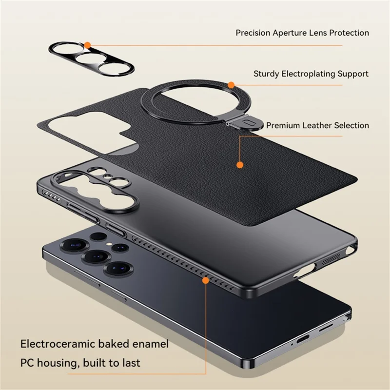 For Samsung Galaxy S24 Ultra Magnetic Case Kickstand Electroplated PC PU Leather Cooling Phone Back Cover - Orange