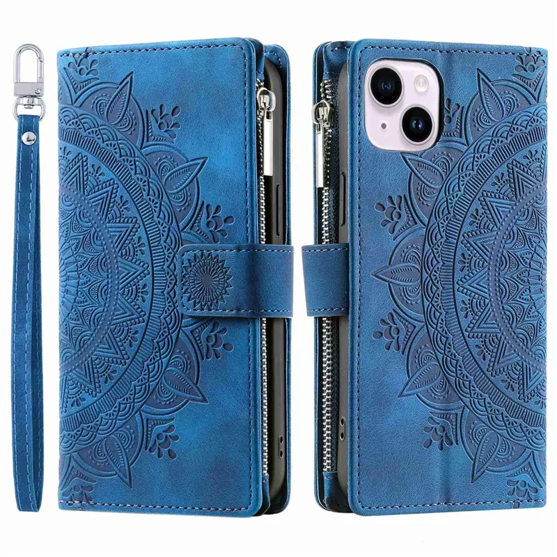 For iPhone 14 Mandala Flower Imprinted PU Leather Phone Cover Stand with Multiple Card Slots Zipper Pocket Wallet Protective Phone Case - Blue