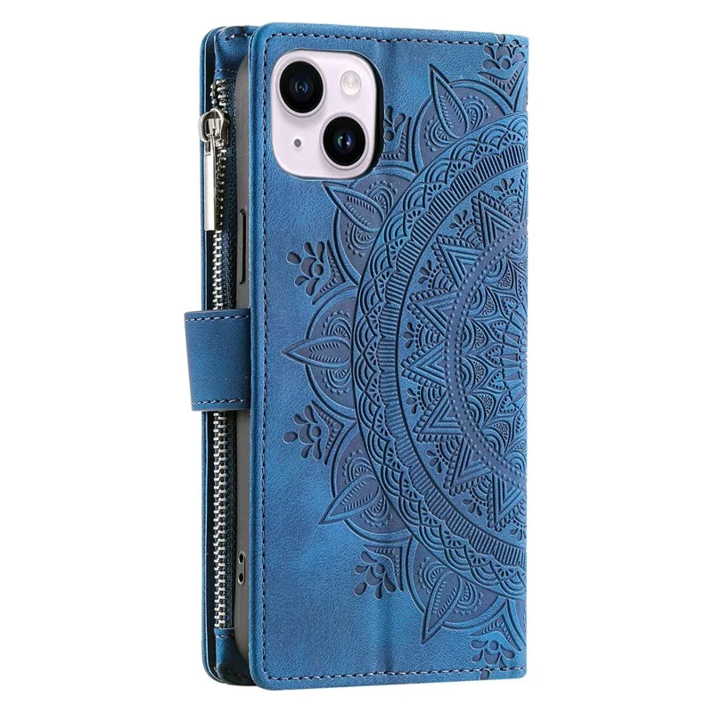 For iPhone 14 Mandala Flower Imprinted PU Leather Phone Cover Stand with Multiple Card Slots Zipper Pocket Wallet Protective Phone Case - Blue