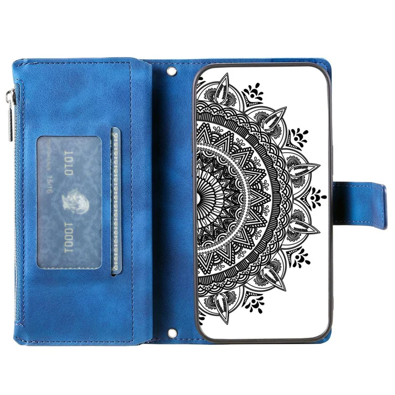 For iPhone 14 Mandala Flower Imprinted PU Leather Phone Cover Stand with Multiple Card Slots Zipper Pocket Wallet Protective Phone Case - Blue
