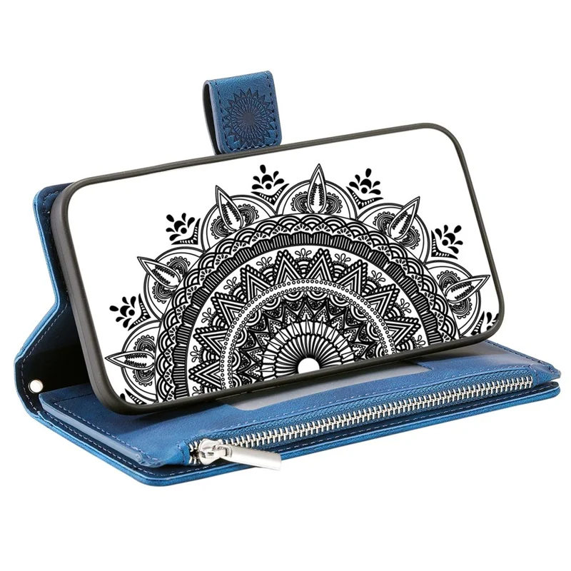 For iPhone 14 Mandala Flower Imprinted PU Leather Phone Cover Stand with Multiple Card Slots Zipper Pocket Wallet Protective Phone Case - Blue