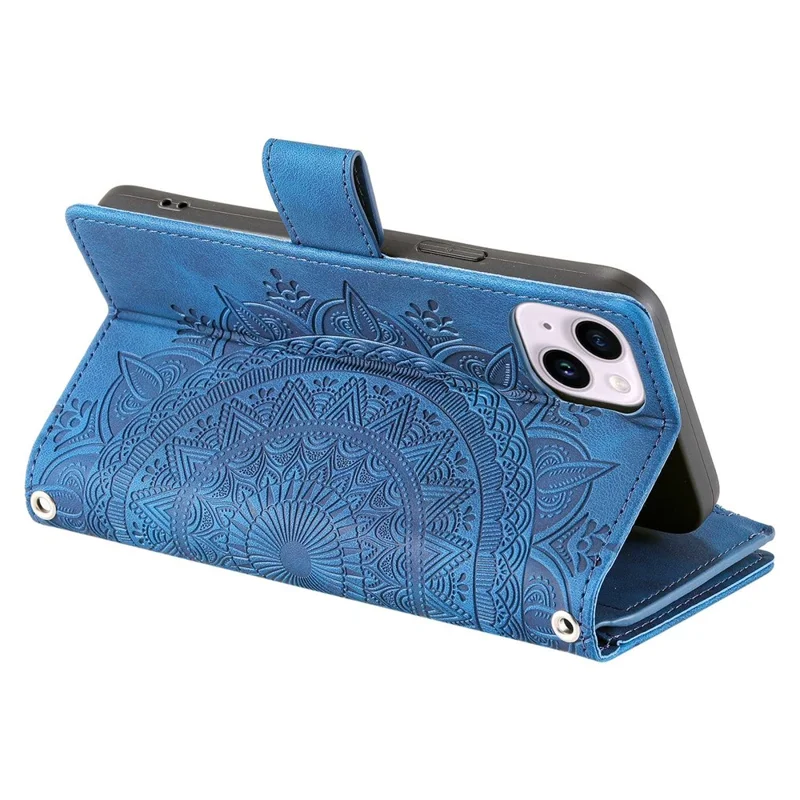 For iPhone 14 Mandala Flower Imprinted PU Leather Phone Cover Stand with Multiple Card Slots Zipper Pocket Wallet Protective Phone Case - Blue