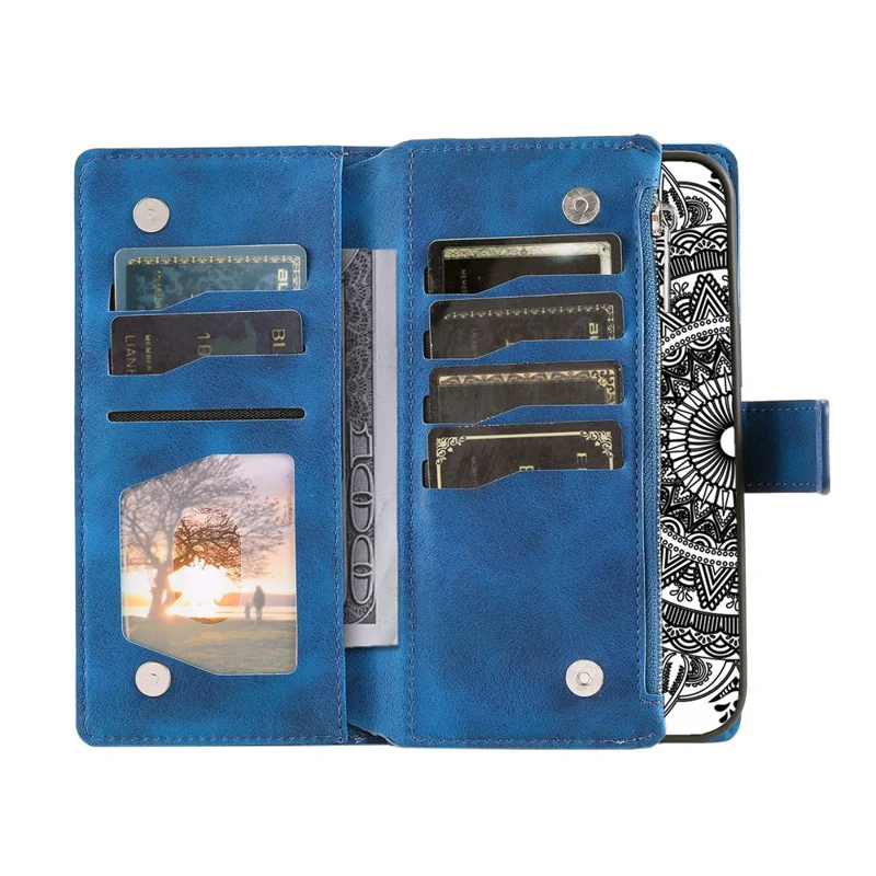 For iPhone 14 Mandala Flower Imprinted PU Leather Phone Cover Stand with Multiple Card Slots Zipper Pocket Wallet Protective Phone Case - Blue
