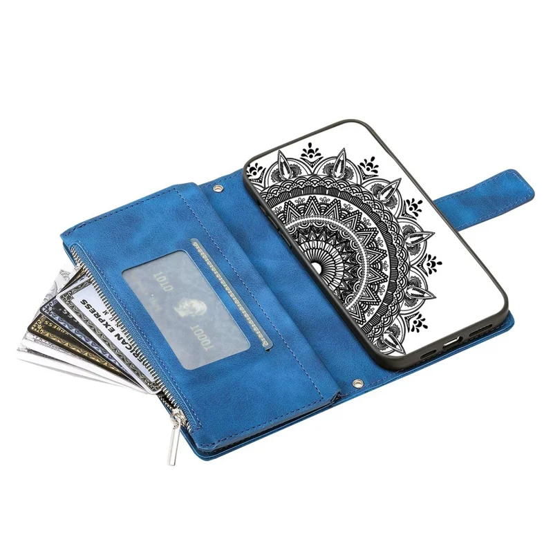 For iPhone 14 Mandala Flower Imprinted PU Leather Phone Cover Stand with Multiple Card Slots Zipper Pocket Wallet Protective Phone Case - Blue