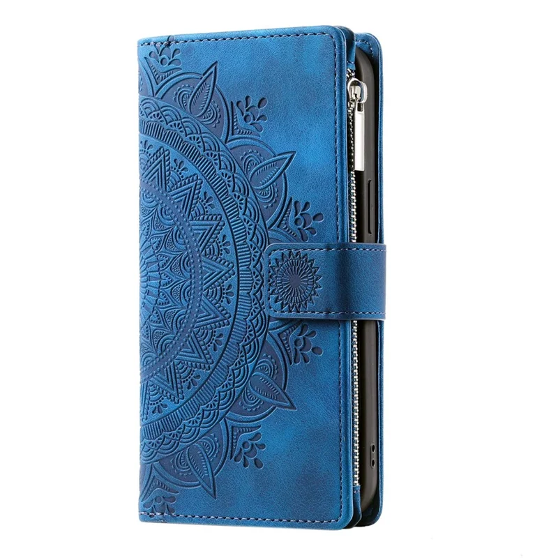 For iPhone 14 Mandala Flower Imprinted PU Leather Phone Cover Stand with Multiple Card Slots Zipper Pocket Wallet Protective Phone Case - Blue