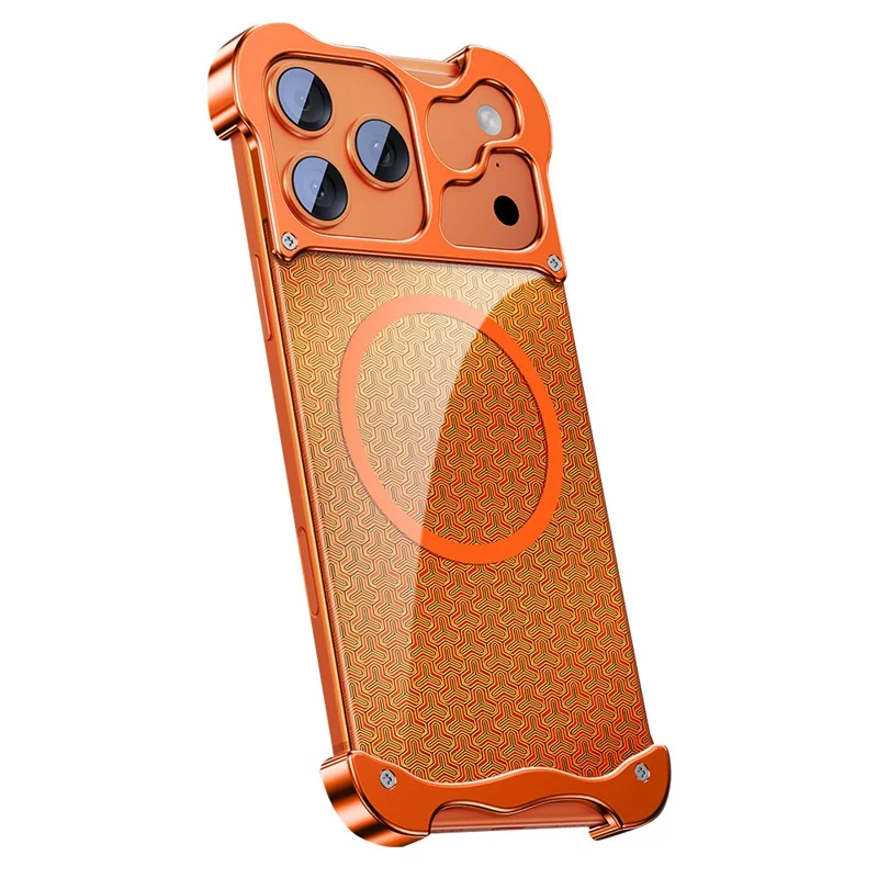 Coque sans cadre pour iPhone 17 Pro compatible MagSafe, motif armure doré, dos en polycarbonate et alliage d'aluminium - Orange