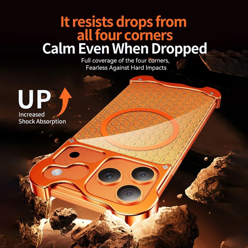 Coque sans cadre pour iPhone 17 Pro compatible MagSafe, motif armure doré, dos en polycarbonate et alliage d'aluminium - Orange