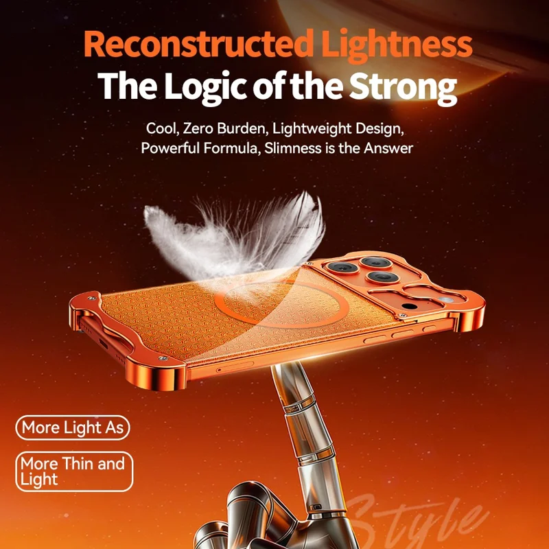 Coque sans cadre pour iPhone 17 Pro compatible MagSafe, motif armure doré, dos en polycarbonate et alliage d'aluminium - Orange