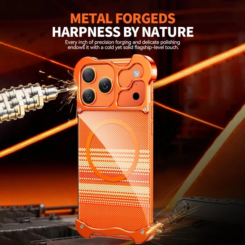 For iPhone 17 Pro Frameless Case Compatible with MagSafe Kevlar Pattern Gilded Aluminum Alloy PC Back Phone Cover - Orange