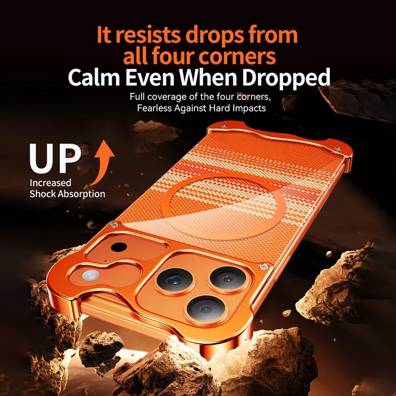 For iPhone 17 Pro Frameless Case Compatible with MagSafe Kevlar Pattern Gilded Aluminum Alloy PC Back Phone Cover - Orange