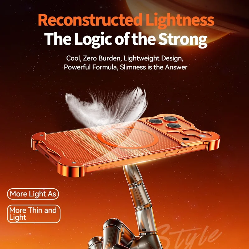 For iPhone 17 Pro Frameless Case Compatible with MagSafe Kevlar Pattern Gilded Aluminum Alloy PC Back Phone Cover - Orange