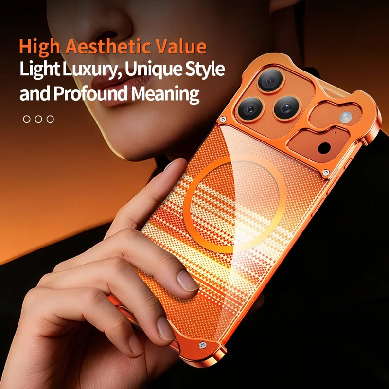 Coque sans cadre pour iPhone 17 Pro Max, compatible MagSafe, dos en PC avec motif Kevlar et finition dorée en alliage d'aluminium - Orange