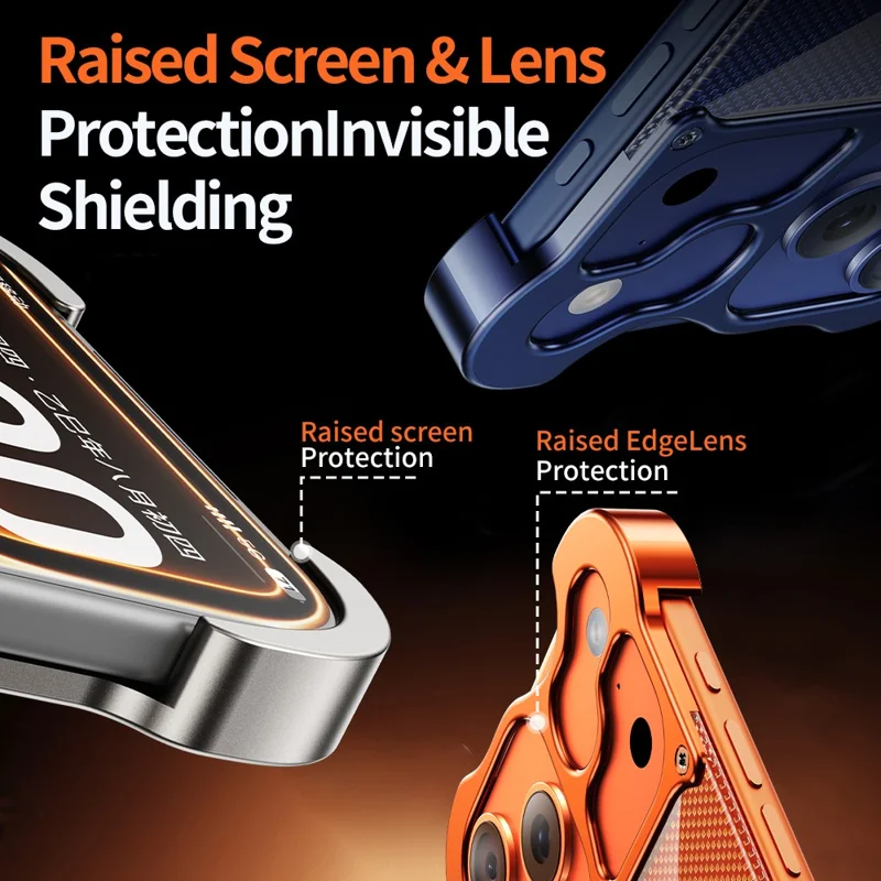 Coque sans cadre pour iPhone 17 Pro Max, compatible MagSafe, dos en PC avec motif Kevlar et finition dorée en alliage d'aluminium - Orange