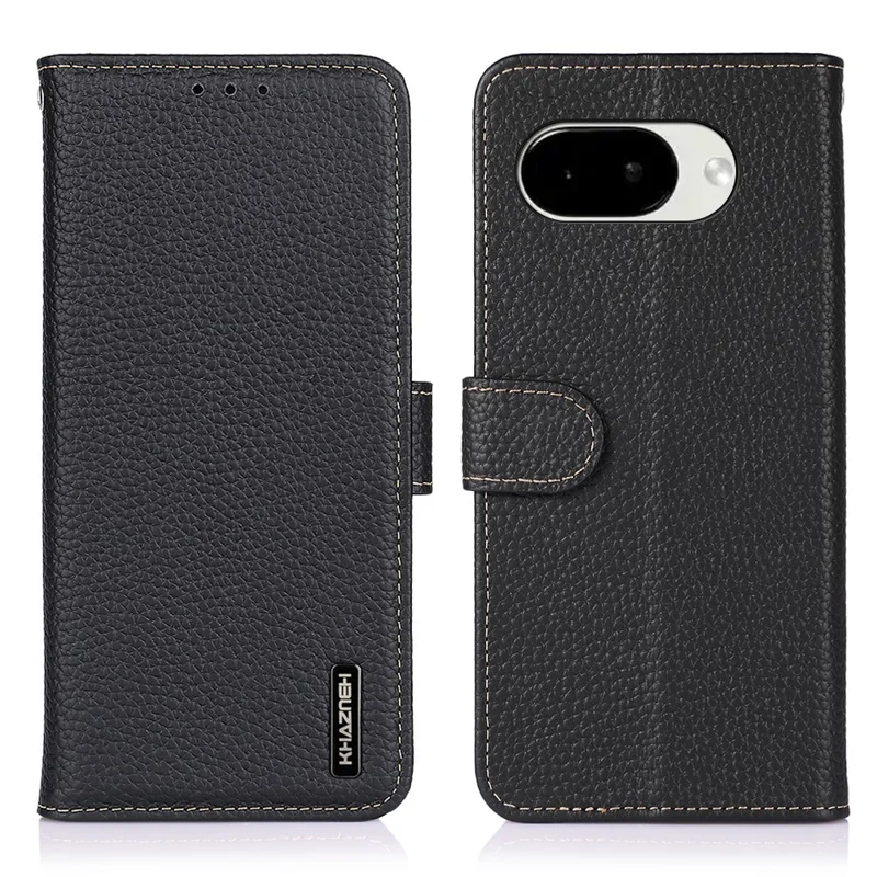 KHAZNEH For Google Pixel 10a Case Genuine Cow Leather Wallet Flip Phone Cover with Stand  - Black
