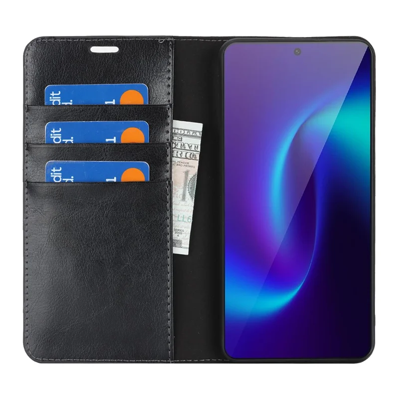 غطاء لهاتف سامسونج جالاكسي S26 إيدج بتصميم جلد خيول مقلوبة ومحفظة من جلد البقر - أسود