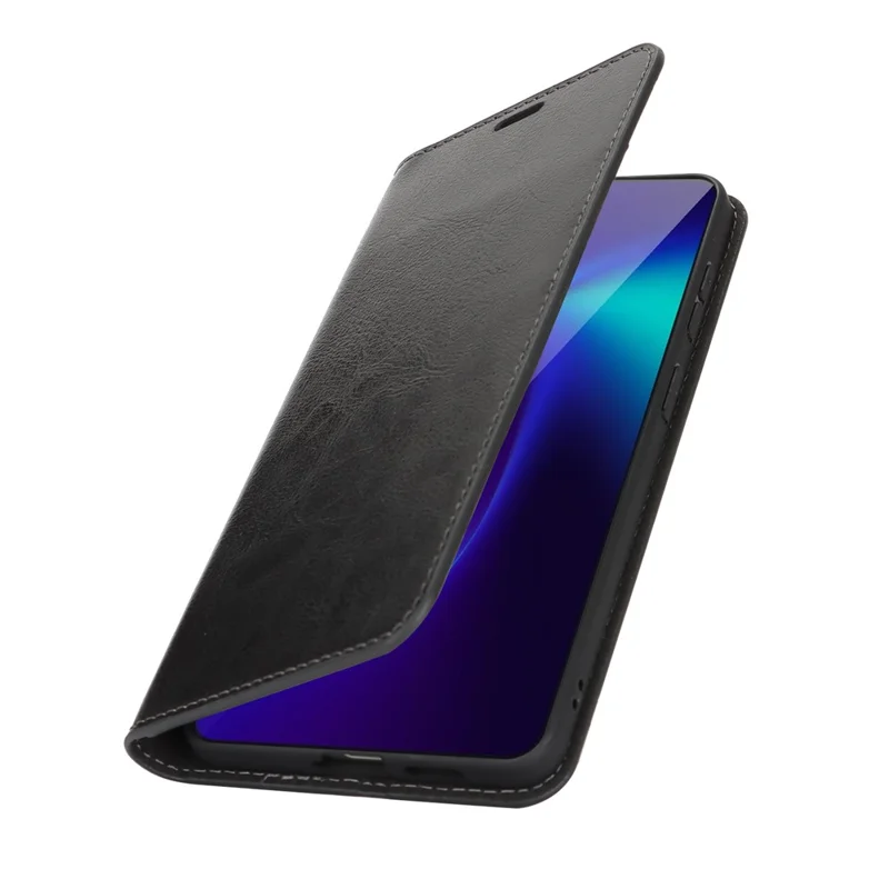 غطاء لهاتف سامسونج جالاكسي S26 إيدج بتصميم جلد خيول مقلوبة ومحفظة من جلد البقر - أسود