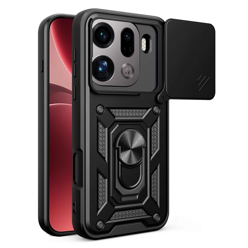Cover per Oppo Find X9 Pro 5G con Coperchio Scorrevole per Fotocamera, Supporto Integrato in PC + TPU - Nero