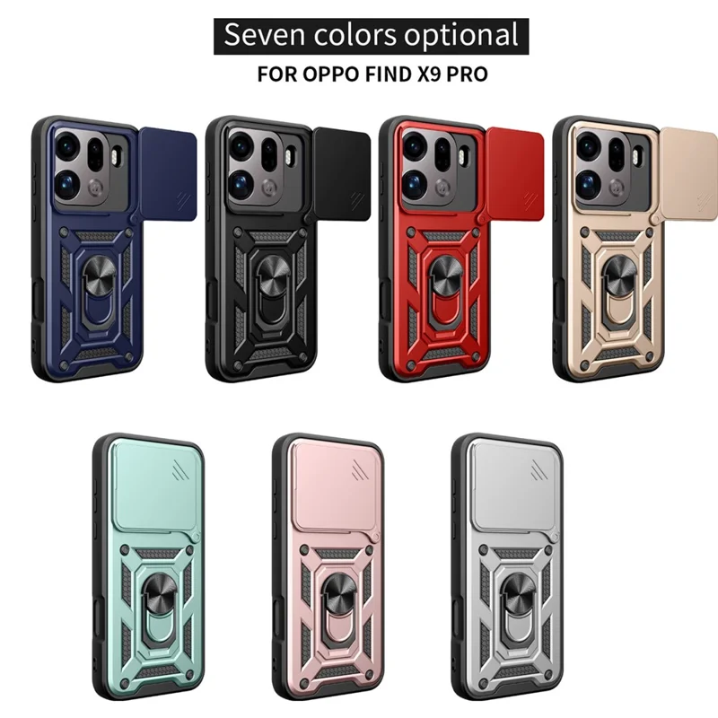 Cover per Oppo Find X9 Pro 5G con Coperchio Scorrevole per Fotocamera, Supporto Integrato in PC + TPU - Nero