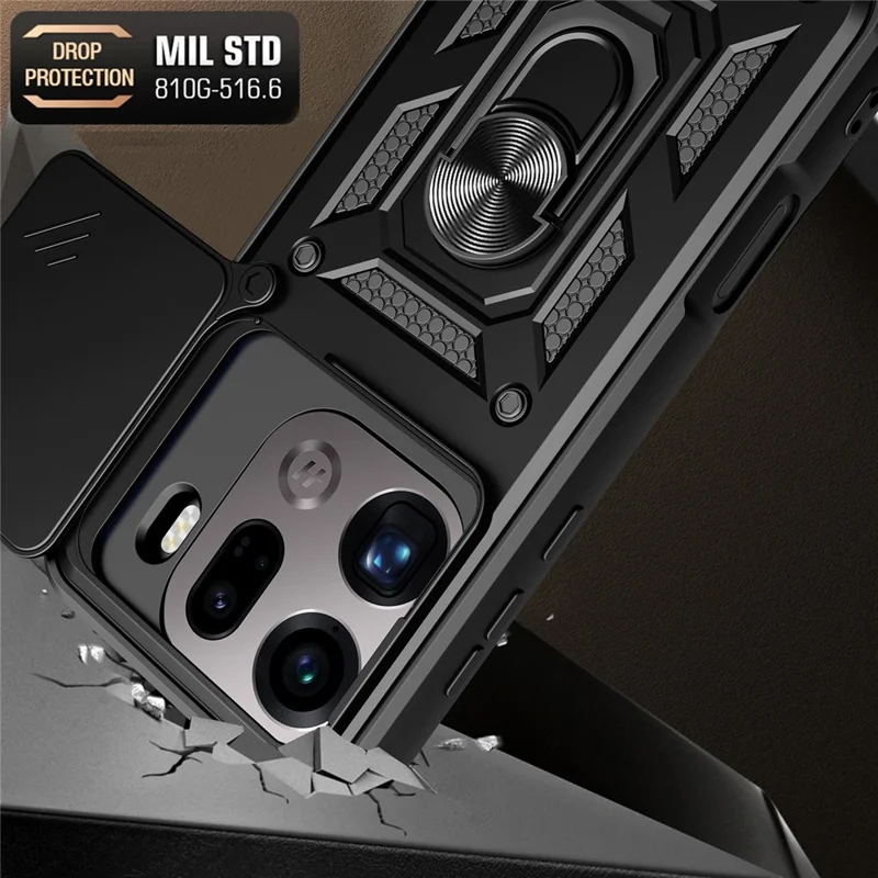 Cover per Oppo Find X9 Pro 5G con Coperchio Scorrevole per Fotocamera, Supporto Integrato in PC + TPU - Nero