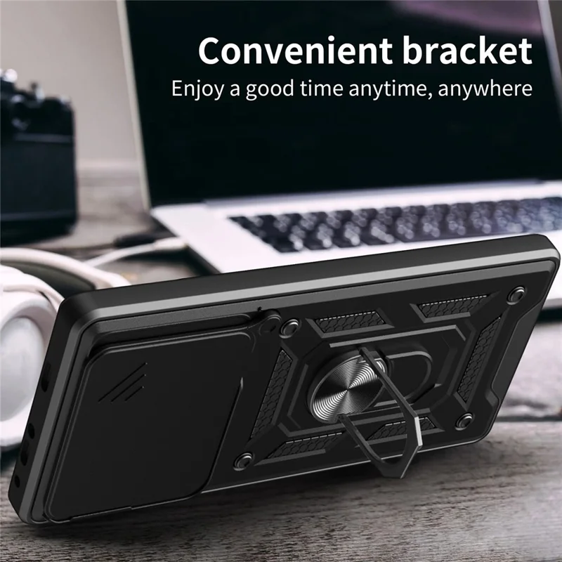 Cover per Oppo Find X9 Pro 5G con Coperchio Scorrevole per Fotocamera, Supporto Integrato in PC + TPU - Nero