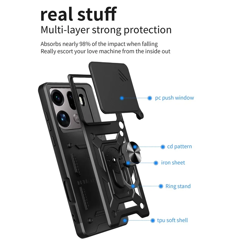 Cover per Oppo Find X9 Pro 5G con Coperchio Scorrevole per Fotocamera, Supporto Integrato in PC + TPU - Nero