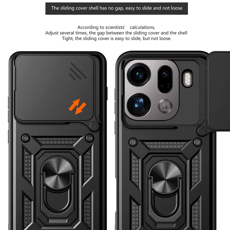 Cover per Oppo Find X9 Pro 5G con Coperchio Scorrevole per Fotocamera, Supporto Integrato in PC + TPU - Nero