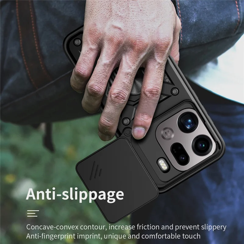 Cover per Oppo Find X9 Pro 5G con Coperchio Scorrevole per Fotocamera, Supporto Integrato in PC + TPU - Nero