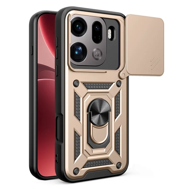 For Oppo Find X9 Pro 5G Case with Slide Camera Lid PC + TPU Kickstand Phone Cover - Gold