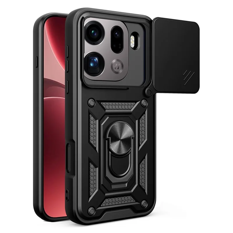 AMORUS pour Oppo Find X9 Pro 5G étui support rotatif en PC + TPU avec couvercle coulissant pour objectif - Noir